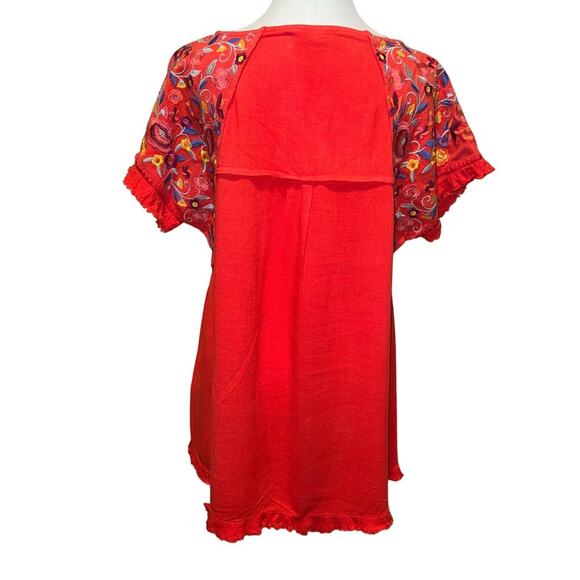 Umgee Fiesta Linen Blend Orange Floral Embroidered Swing Shirt Oversized Size S - Picture 4 of 12